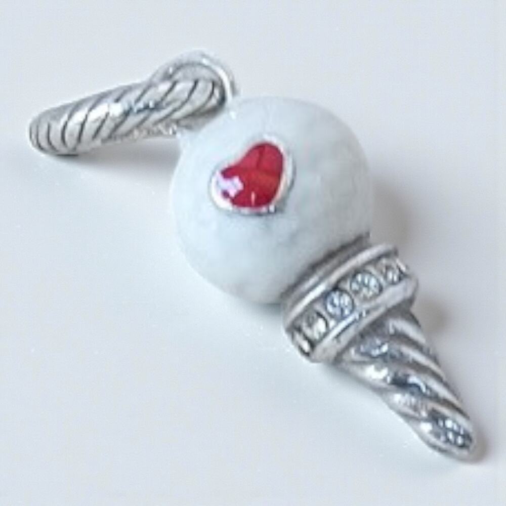 Brighton Ice Cream Cone Dangle Charm Red Heart Silver Plated Enamel Finish
